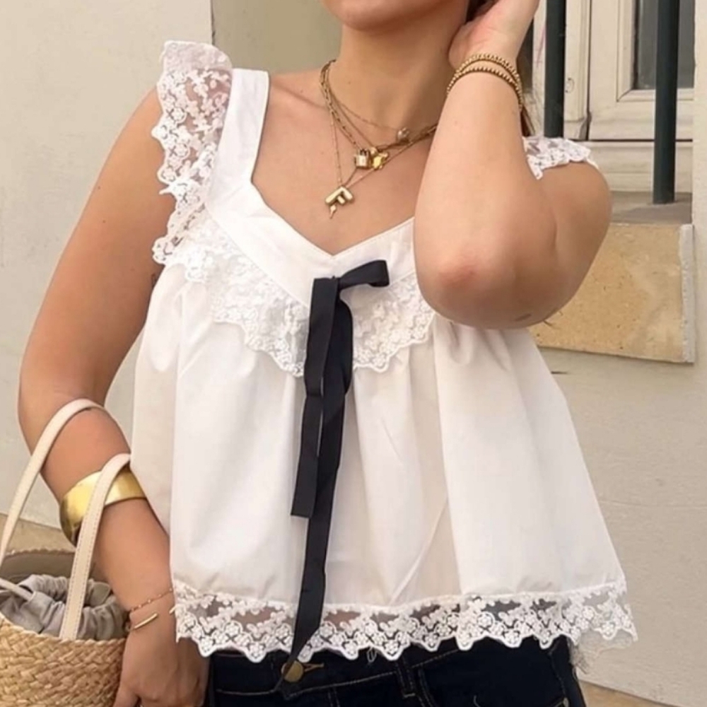 Cider Woven Square Neck Solid Bowknot Lettuce Trim Blouse